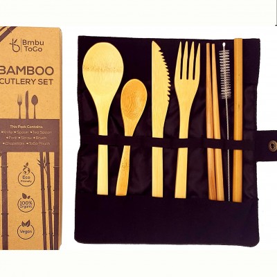 Bamboo Cutlery Set Bamboo Travel Utensils Reusable Cutlery Set Include Knife Fork Small Spoon Large Spoon Chopsticks and Straw