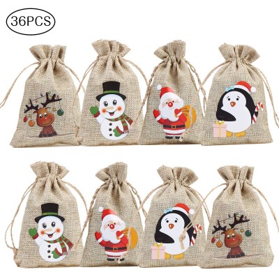 Christmas Linen Bags with Drawstrings Christmas Burlap Goody Gift Bags with Double Jute Drawstrings 4 Designs Snowman Santa