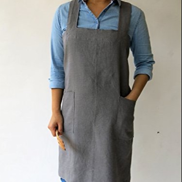 Natural linen color no-tie cross over Japanese style pinafore apron, with two pockets