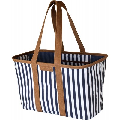 30L SnapBasket Reusable Collapsible Durable Grocery Shopping Bag Heavy Duty Large Structured Tote Navy Striped